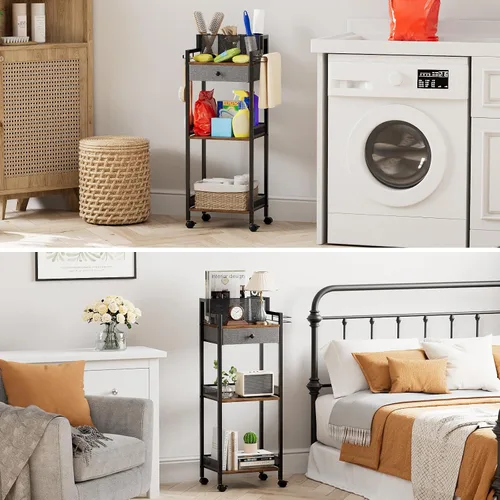 Vista 8 de Organizadores de almacenamiento de baño con cajón, unidad rodante de pie de metal de 3 niveles con soporte para papel higiénico, estante