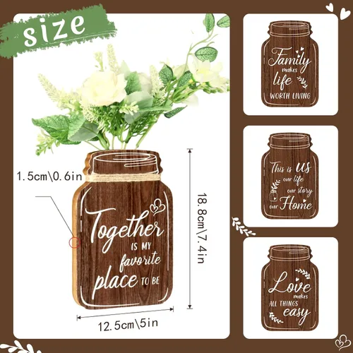 Vista 4 de Bnesi 4 letreros de pared para el hogar, familia, amor, hogar, decoración de pared para sala de estar, dormitorio, tarro de masón, placa de madera