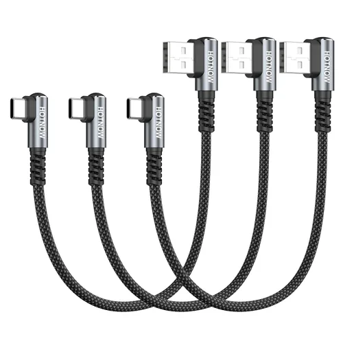 Vista 14 de Cable USB C corto de ángulo recto de 0.5 pies, paquete de 3 cables de carga USB C de 6 pulgadas, cable de carga rápida trenzado de nailon