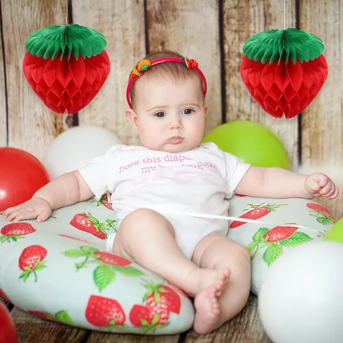 Vista 5 de Zonon 16 unidades de 6 pulgadas decoración de fiesta de fresas rojas bolas de panal de abeja de fresa roja, guirnalda de decoración colgante