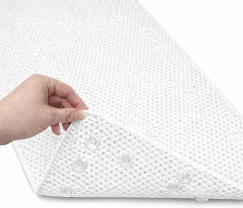 Vista 22 de Alfombra antideslizante para bañera, extragrande, de 36 x 17 pulgadas, con ventosas y orificios de drenaje, espuma suave, lavable a máquina