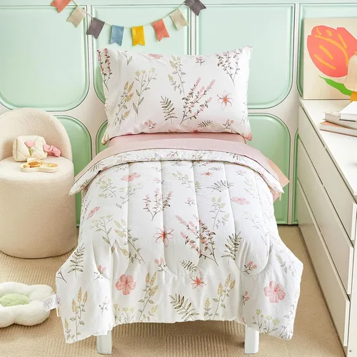 Vista 8 de Joyreap Juego de ropa de cama de algodón de 4 piezas para niñas, diseño de flores rosas, juego de edredón de algodón suave y transpirable, incluye