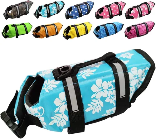 Vista 9 de Chaleco salvavidas para perros de fácil ajuste con cinturón ajustable para proteger las mascotas, traje de baño de seguridad para nadar con rayas