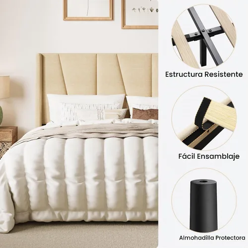 Vista 7 de SHA CERLIN - Base de cama tapizada Queen con cabecero, color beige Cama de plataforma, soporte de listones de madera, espacio debajo de la cama