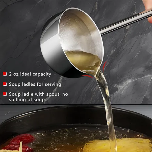 Vista 4 de Cucharón de sopa pequeño SUS304 de acero inoxidable con boquilla para verter 2 onzas, cucharones de salsa de mango largo, resistentes al calor