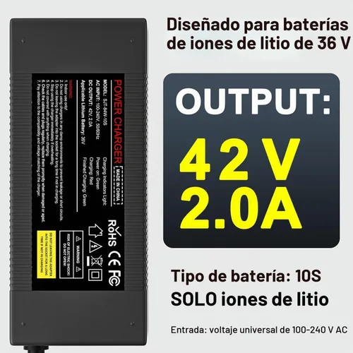 Vista 2 de Cargador de batería de litio de 36V, cargador de 42V 2A para patinete eléctrico, hoverboard, ebike, compatible con Gotrax, Jetson, Ninebot, Volpam