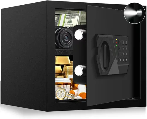 Vista 11 de Caja fuerte pequeña para uso doméstico, caja de seguridad digital con cerradura de combinación, estante extraíble y llaves de repuesto, caja fuerte