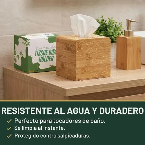 Vista 4 de Performore Funda cuadrada de bambú para caja de pañuelos, elegante soporte de papel facial de madera resistente al agua para baño, escritorio