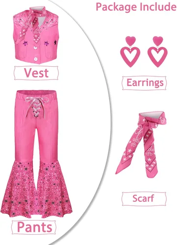 Vista 2 de ZFQI Disfraz de vaquero para niñas, conjunto de uniforme de vaquera rosa con bufanda y pendientes