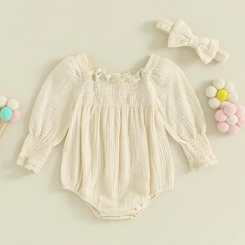 Vista 2 de Baby Girl Outfit Cute Ruffled Romper Long Sleeve Ruched Baby Bodysuit Newborn Baby Girl Clothes