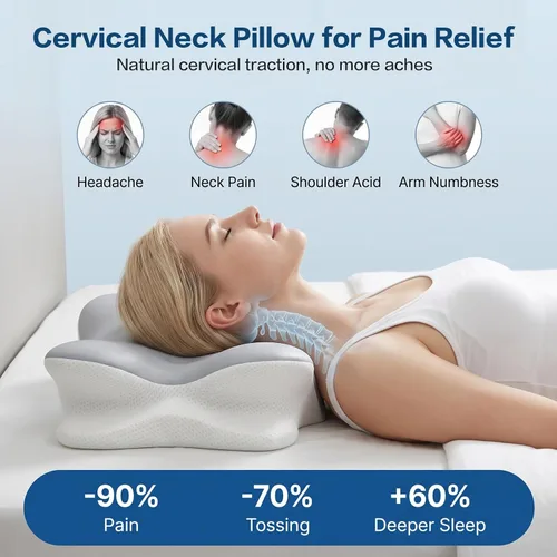 Vista 3 de Almohada cervical para aliviar el dolor de cuello, almohada cervical para dormir, almohadas de espuma viscoelástica para soporte de cuello y Gris