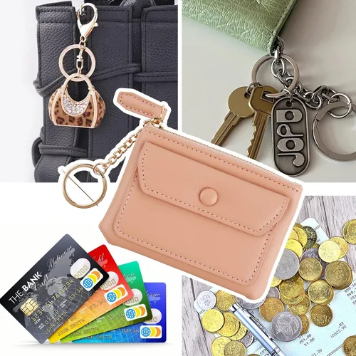 Vista 4 de Monedero, mini monedero con llavero y cierre de cremallera para hombres y mujeres, bolso de moda, llavero colgante de cuero clásico, Rosado, Monedero