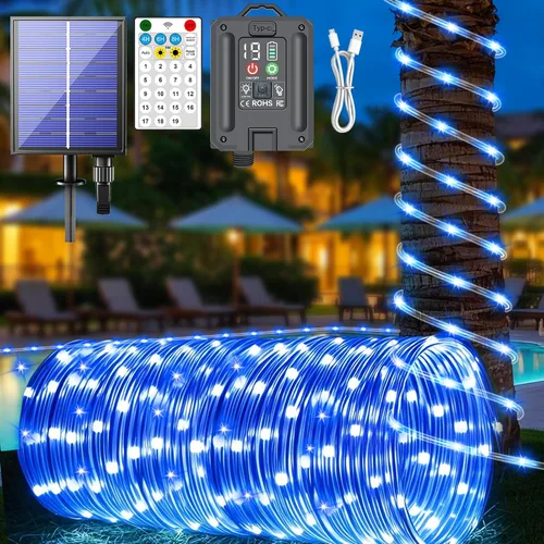 Vista 15 de Nuevas luces de cuerda solares mejoradas para exteriores, impermeables, 32m, 300 LED, luces de tira solares con control remoto, temporizador
