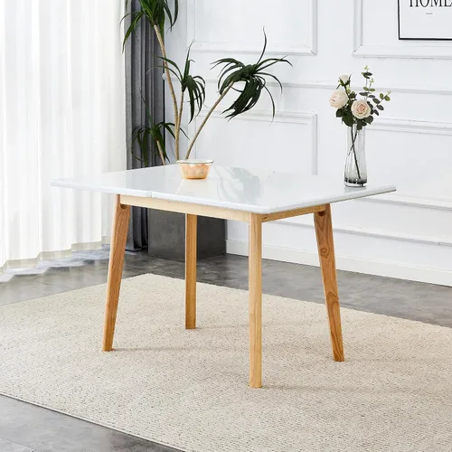 Vista 4 de Mesa de piedra sinterizada blanca con patas de madera de goma, escritorio plegable para computadora, escritorio de oficina plegable, adecuado