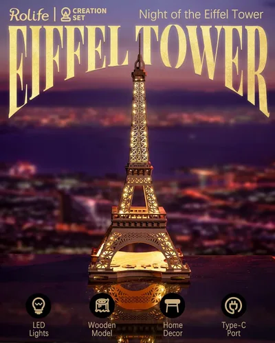 Vista 2 de Rolife Rompecabezas de madera 3D para adultos, Set grande de Torre Eiffel-Juegos de construcción de modelo LED, kits de arquitectura de París como