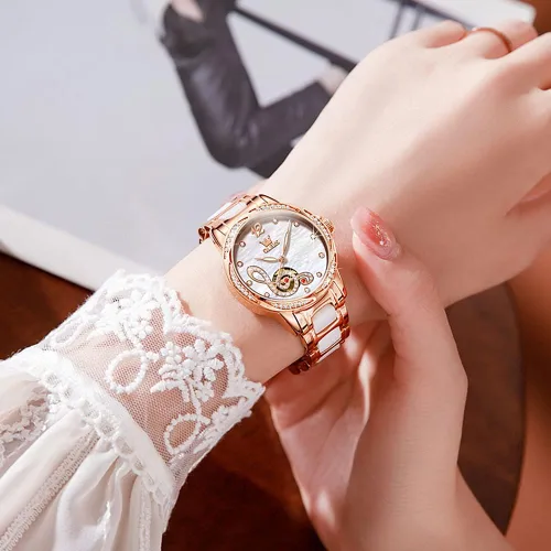 Vista 2 de OLEVS Relojes para mujer, de cuerda automática, oro rosa, diamante, reloj de pulsera mecánico automático, acero inoxidable, dos tonos, pulsera