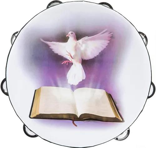 Vista 11 de Musfunny Pandereta de Cascabeles Dove Bible de Doble Fila de 8 Pulgadas para Adultos, Pandereta de Campana de Mano Tambor de Palmadas para Oración