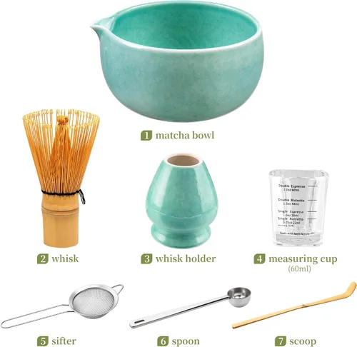 Vista 6 de YIBO Matcha Whisk Set, Matcha Kit Bamboo Whisk and Ceramic Bowl with Spout & Measuring Spoon & Cup, Japanese Ceremony Matcha Tea Making Tools Blue