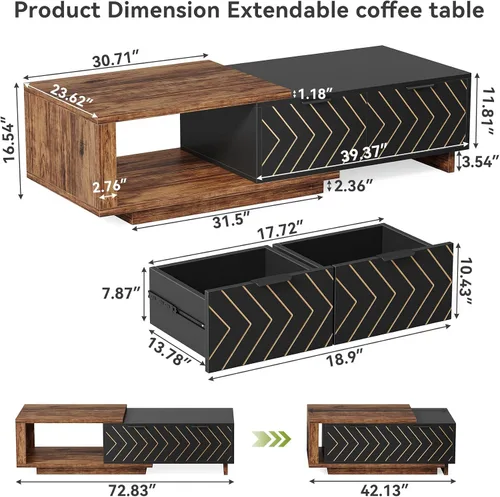 Vista 2 de LITTLE TREE Mesa auxiliar de madera expandible con 2 cajones, mesa central rectangular de granja que ahorra espacio, perfecta para sala de estar