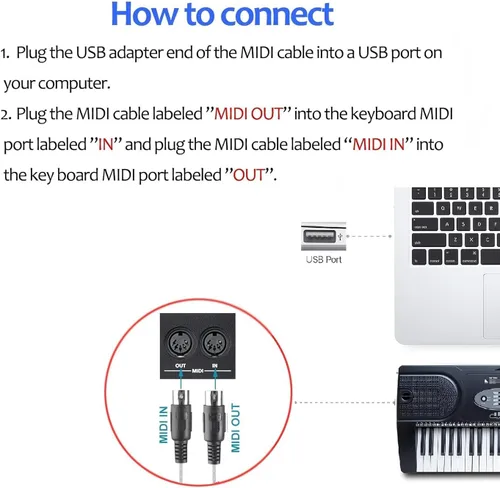 Vista 6 de TENINYU Convertidor de cable USB a MIDI 2 en 1 PC a sintetizador Interfaz de teclado de estudio de música, cable adaptador de enchufe de cable, 16