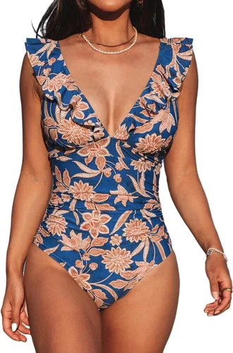 Vista 13 de CUPSHE Traje de baño de una pieza para mujer, con cuello en V, fruncido y Negro