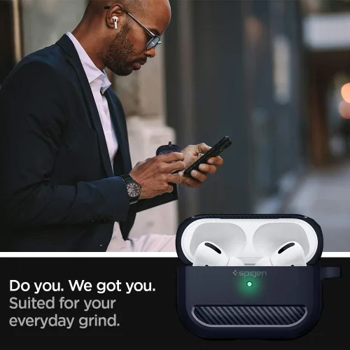 Vista 3 de Spigen Rugged Armor - Funda de protección contra caídas con mosquetón diseñada para AirPods Pro (2019), color carbón
