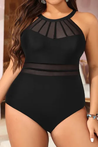 Vista 2 de Aqua Eve 1 Pieza Traje de Baño con control de abdomen de cuello alto talla extra grande para mujeres, Traje de Baño sexy de Malla Fruncida