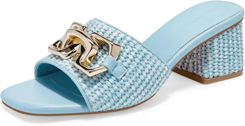 Vista 10 de Coutgo Sandalias de cuña con tacón grueso de rafía para mujer, con punta abierta, cuadradas, con cadena metálica, sin cordones, elegantes