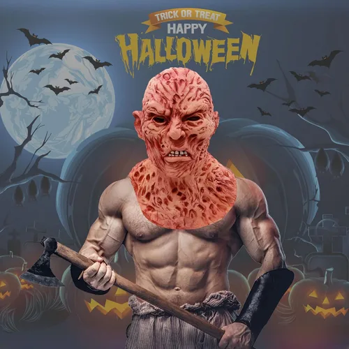 Vista 2 de Máscara de disfraz de Freddy Krueger para Halloween, disfraz de hombre muerto espeluznante, cabeza completa, máscaras realistas para adultos