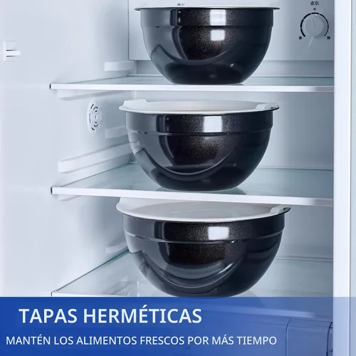 Vista 6 de Cuencos Negros para Mezclar con Tapas Herméticas, Cuenco de Acero Inoxidable, Cuencos para Ensalada de 7 Piezas, Cuencos Anidables Coloridos Negros