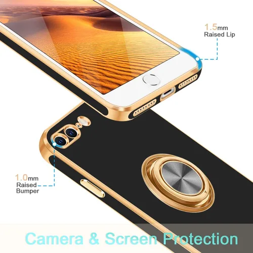 Vista 2 de Fingic Funda para iPhone 7 Plus, iPhone 8 Plus con soporte de anillo, soporte magnético giratorio de 360°, borde dorado brillante, funda protectora
