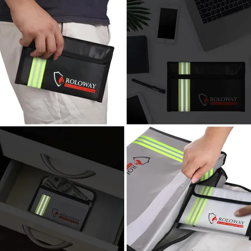 Vista 7 de ROLOWAY Bolsa grande ignífuga para documentos con 2 bolsillos y bolsas de dinero ignífugas con tira reflectante (paquete de 2)
