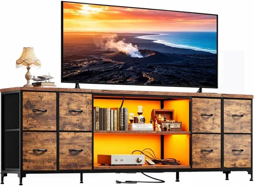 Vista 8 de Soporte de TV de 63" de ancho para 65 75 pulgadas con luces y tomas de corriente, soporte de TV para dormitorio con 8 cómodas de tela y cajoneras