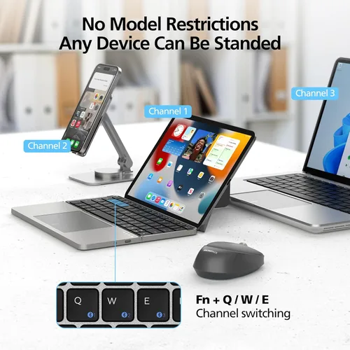Vista 5 de Mircopack - Teclado Bluetooth plegable con panel táctil y soporte para iPad/iPhone/MacBook, 3 dispositivos, cubierta magnética de piel sintética Gris