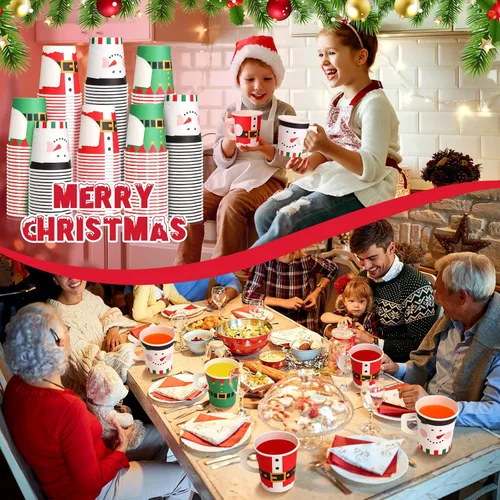 Vista 5 de Maxcheck Vasos de Papel Navideños 7oz Desechables de Navidad con Asas Santa Muñeco de Nieve Elfo Vasos de Té Café Chocolate Caliente Accesorios