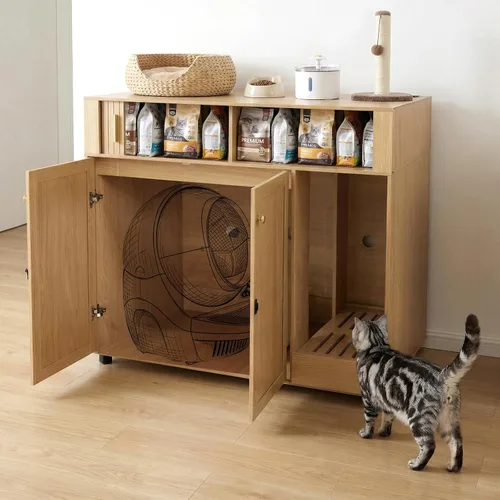 Vista 8 de YIDIXIS - Caja de arena oculta grande para gatos con estación de carga, evita que la arena para gatos se lleve a cabo, muebles modernos para gatos