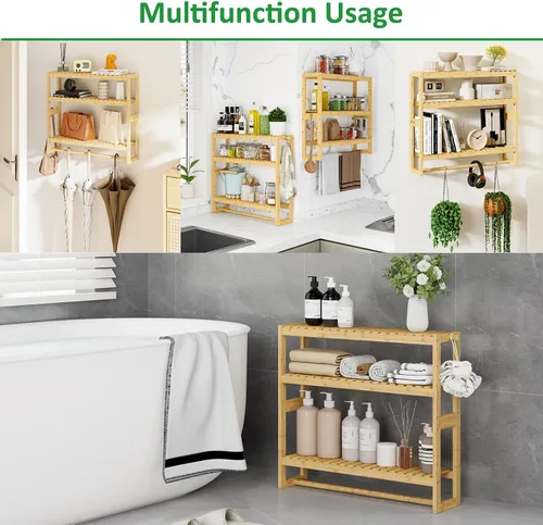 Vista 6 de RRX - Estante organizador de almacenamiento para baño, estante ajustable de 3 niveles, color beige Organizador de bambú para almacenamiento sobre