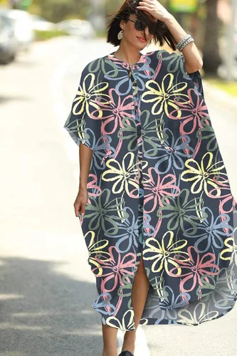Vista 7 de RanRui Vestido de caftán de manga corta con cuello en V para mujer con bolsillo Caftanes Estampado (Flower Print)