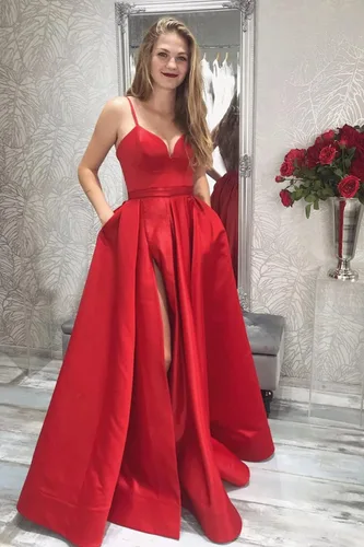 Vista 3 de Xjizu Vestido de fiesta de satén con tirantes delgados para mujer, vestidos largos de fiesta de noche con bolsillos