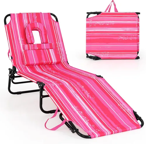 Vista 10 de GYMAX Silla de bronceado, silla de playa de 350 libras con agujero para la cara, almohada lavable y correa de transporte, tumbona plegable