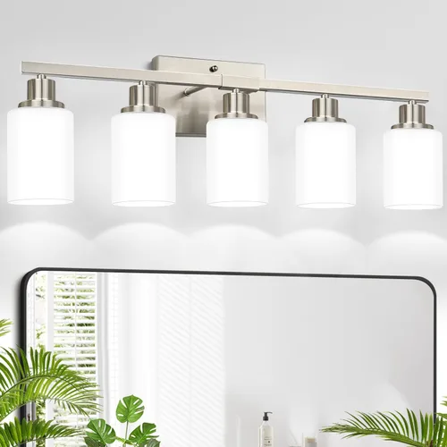 Vista 25 de MOKATNG Juego de 2 apliques de pared para baño, luces de tocador modernas negras con pantalla de vidrio blanco, lámpara de pared de baño