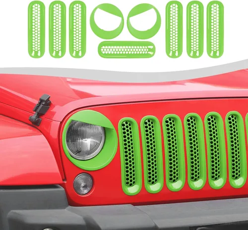 Vista 13 de Mesh Grille Grill Insert+ Headlight Turn Light Cover Trim Fit for 2007-2018 Jeep Wrangler JK JKU Style A(Red)