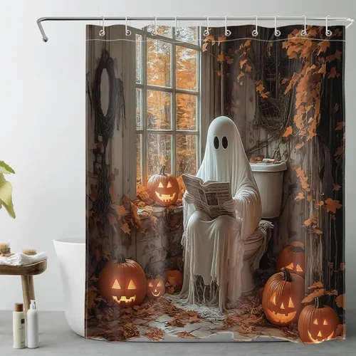 Vista 30 de LB Cortina de ducha espeluznante de Halloween, lindo fantasma en flores, árbol negro, luna llena, cortinas de ducha para baño, tela de poliéster