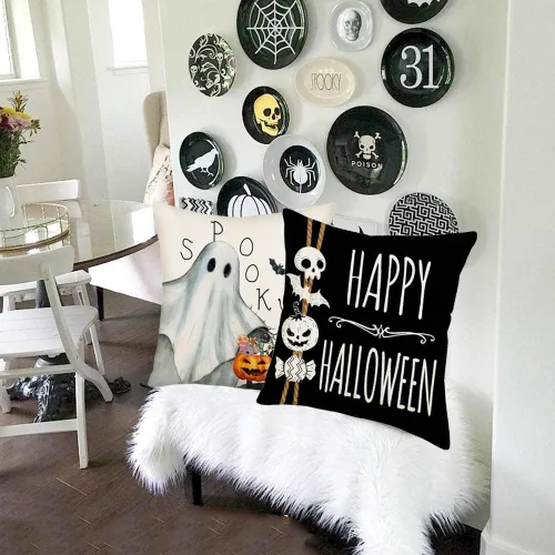 Vista 3 de Fukeen Juego de 4 fundas de almohada de 16 x 16 pulgadas con texto en inglés «Happy Halloween», «Truco o trato», fantasma, fantasma, horror