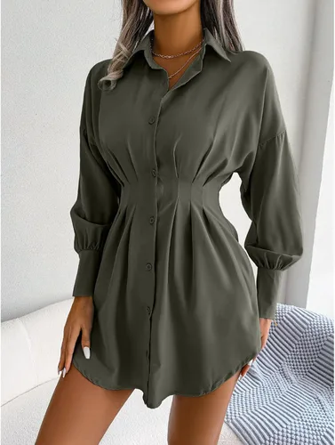 Vista 5 de TOPINCN Minivestido tipo camisa con cuello en V para mujer, estilo casual, manga larga, botones, fruncido, longitud hasta la rodilla, vestido