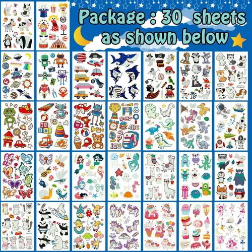 Vista 2 de Partywind Tatuajes temporales brillantes para recuerdos de fiesta infantiles, 380 estilos mixtos, incluye dinosaurio, sirena, tiburón, pirata