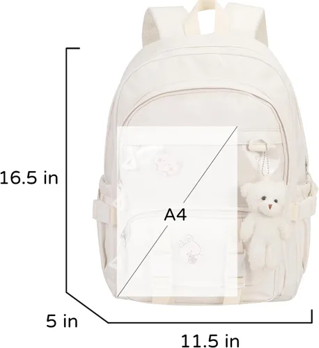 Vista 4 de Phaoullzon Mochila Kawaii para niñas, mochila escolar linda de anime con alfileres y colgante, Beige, Mediana, Moderno