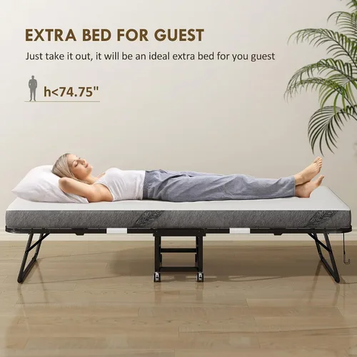 Vista 4 de HOMCOM Cama plegable con colchón para adultos, tamaño individual largo, cama plegable portátil con colchón de espuma de 4 pulgadas y marco de acero