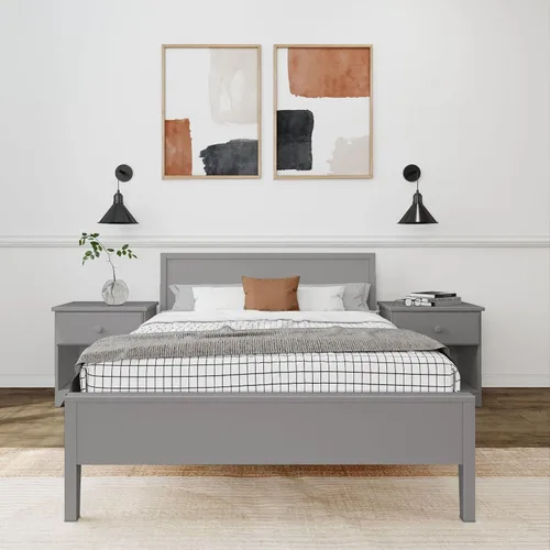 Vista 3 de Plank+Beam Base de cama matrimonial de madera maciza con cabecera de panel, cama de plataforma completa moderna con soporte de listones de madera