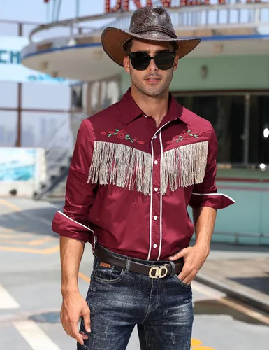 Vista 4 de TURETRENDY Camisa de manga larga con flecos de vaquero occidental para hombre, con bordado de rosas, ajustada, con botones
